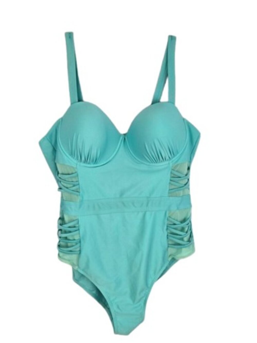 Rosegal Turquoise Strappy Mesh One Piece Swimsuit 2X